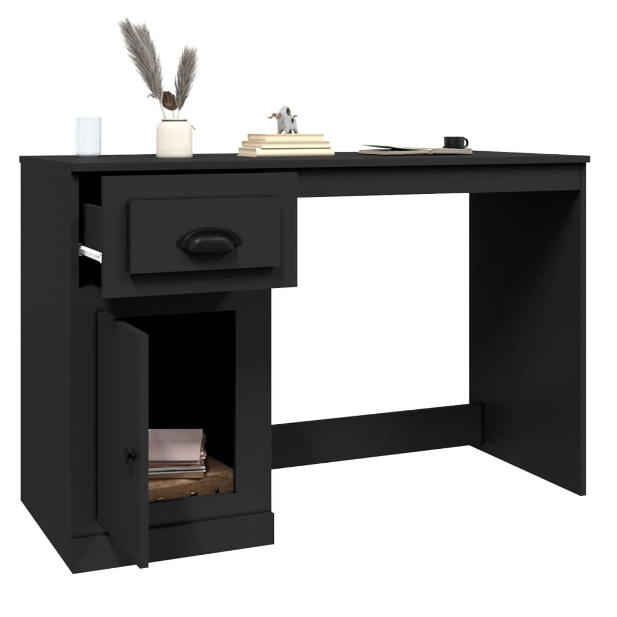 Ein schwarzer Schreibtisch mit Schublade und Schrank. Auf dem Schreibtisch befinden sich Gegenstände.
