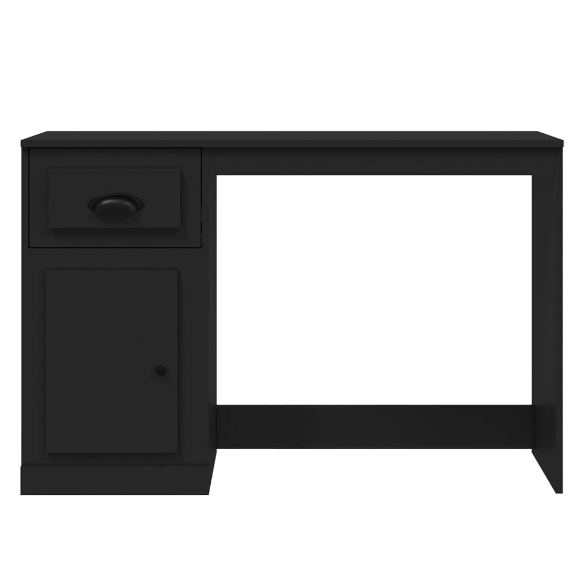 Schwarzer Schreibtisch mit Schublade und Schrank. Minimalistisches Design und ebene Oberfläche.