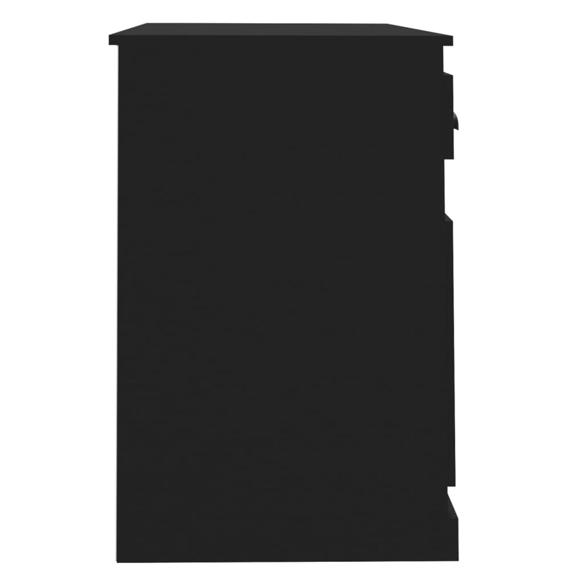 Schwarzer Schrank mit Schubladen. Seitenansicht. Keine weiteren Details.