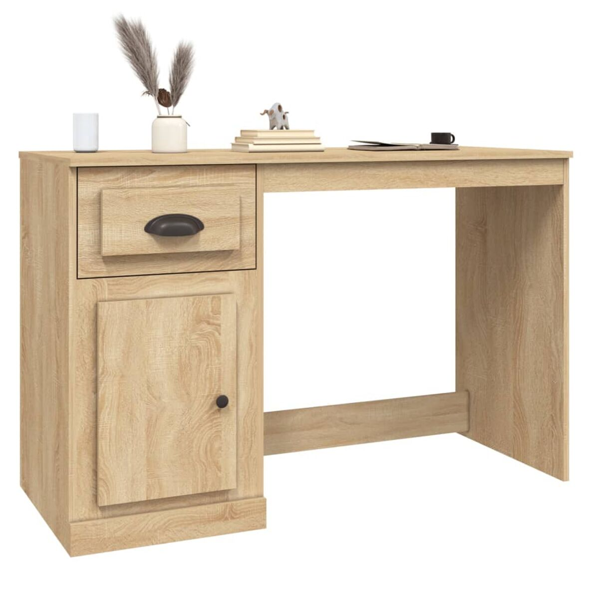 Holzschreibtisch mit Schublade, Schrank und Gegenständen oben drauf.