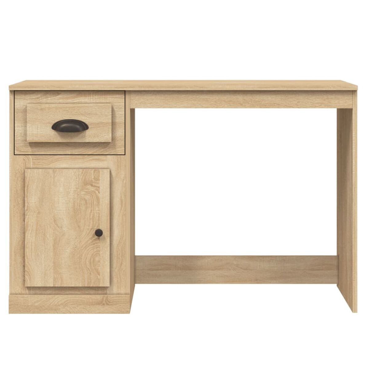 Ein hellfarbiger Holzschreibtisch mit einer Schublade und einem Schrank auf der linken Seite.