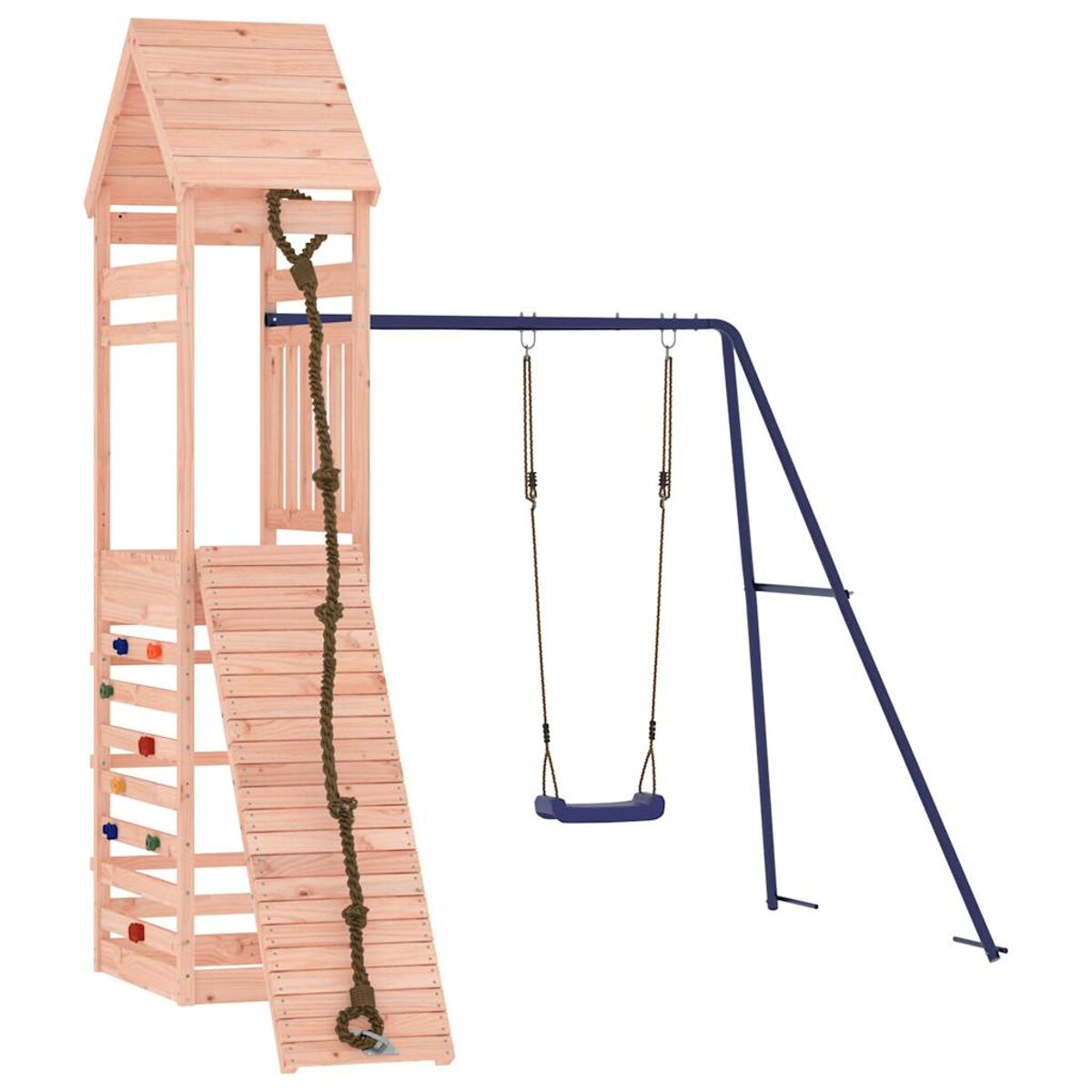 Holzspielplatz mit Rutsche, Kletterwand und Schaukeln. Blaue Metallstützen. Isoliert auf Weiß.