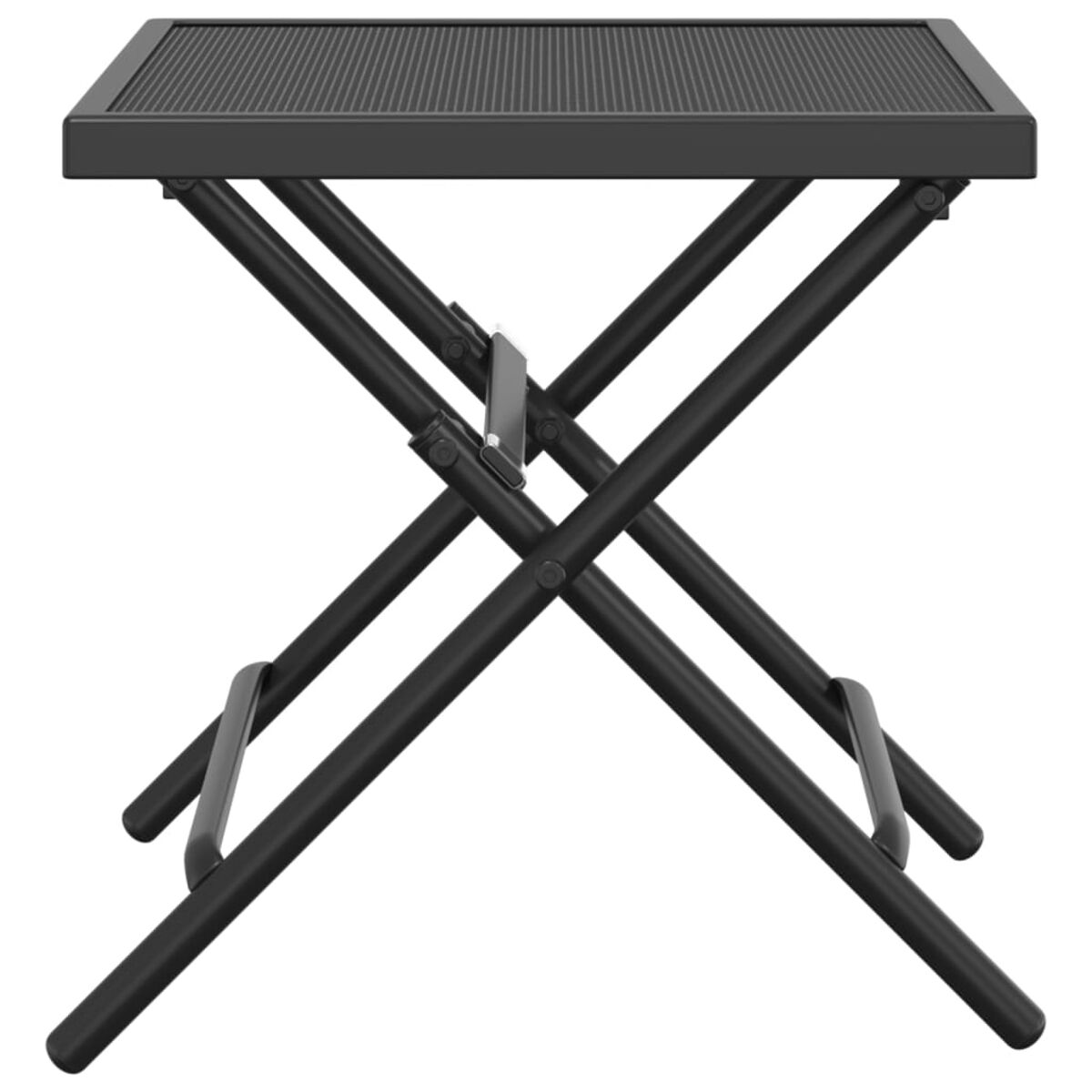 Schwarzer Metall-Klapptisch mit strukturierter Oberfläche und gekreuzten Beinen.