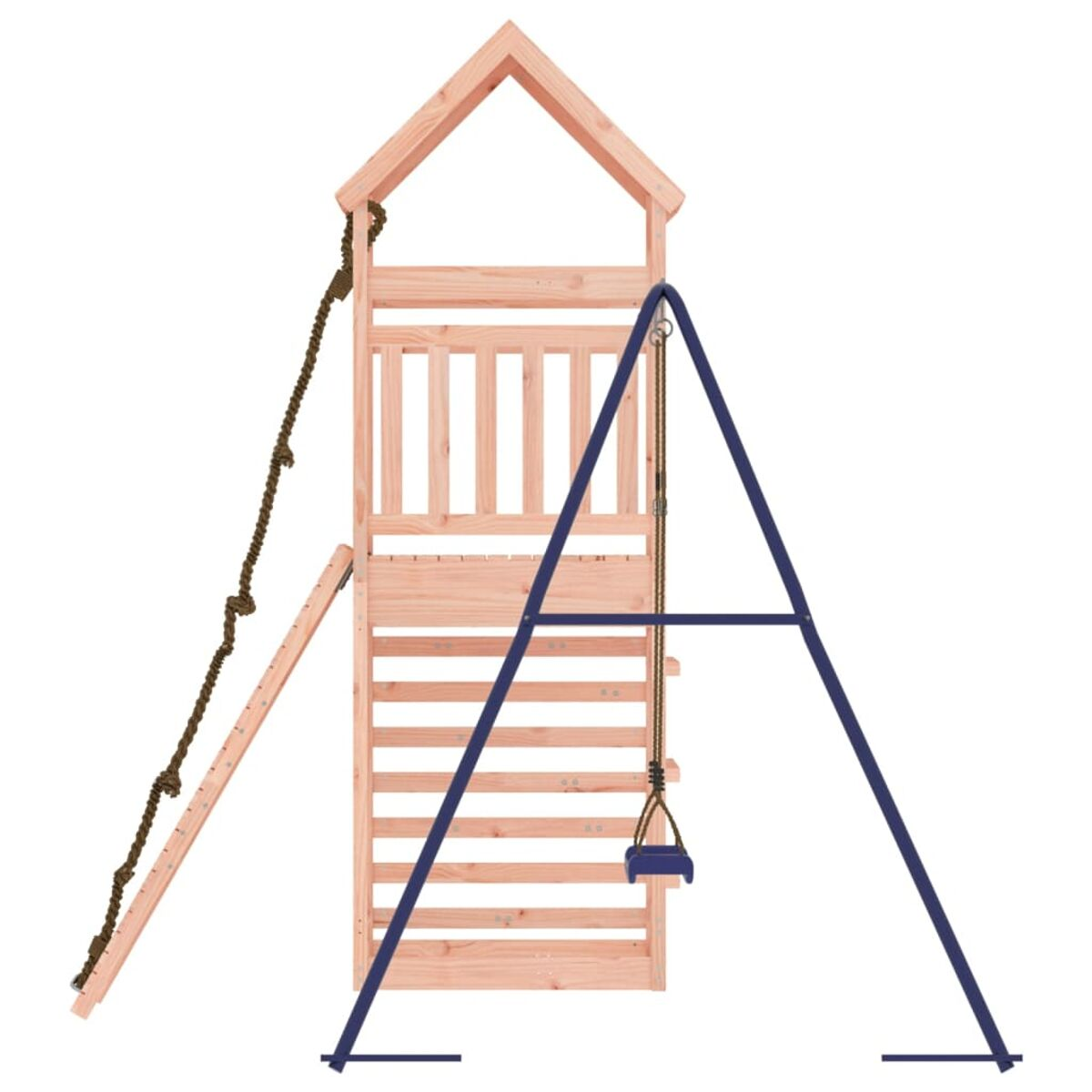 Spielplatz aus Holz mit Schaukel, Leiter und Rutsche. Blaue und braune Farben.
