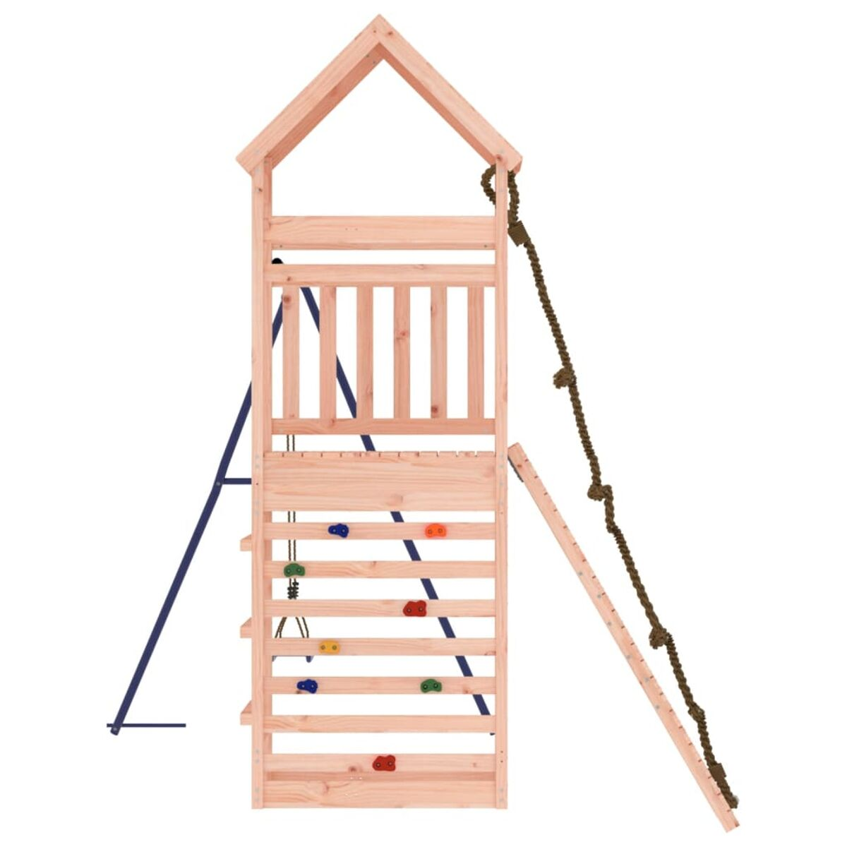 Spielstruktur aus Holz mit Kletterwand, Leiter und Dach. Blaue Stützbalken.