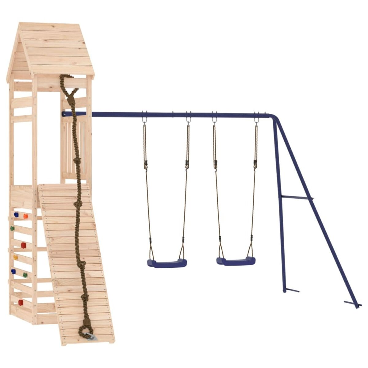 Holzspielplatz mit Kletterwand, Rutsche und Schaukeln. Es hat einen blauen Rahmen und eine Strickleiter.