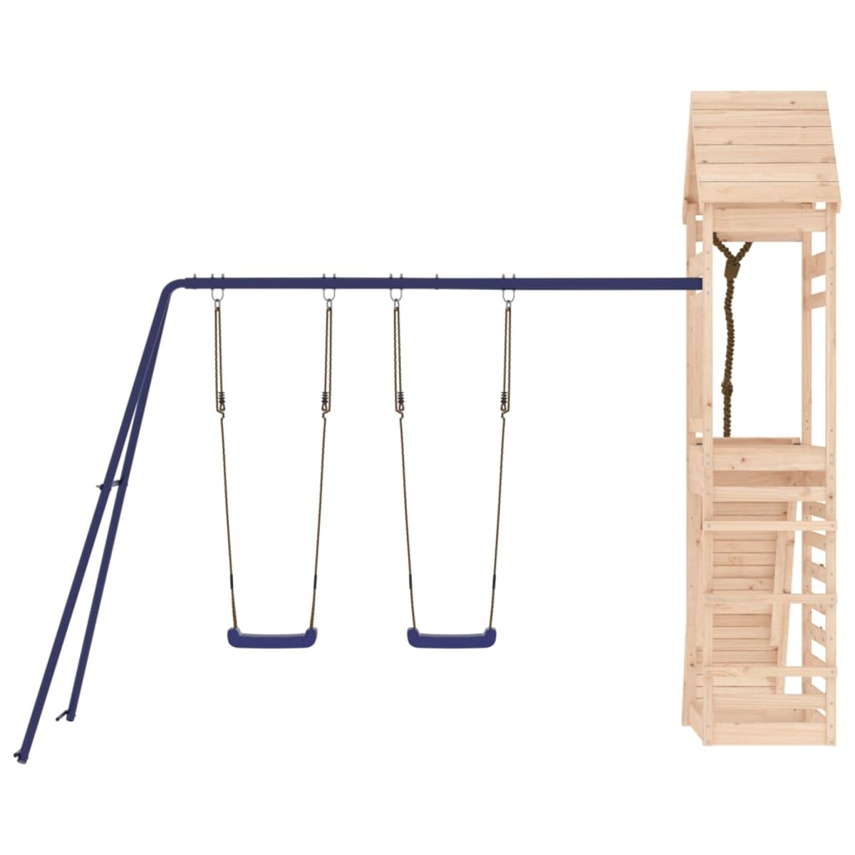 Schaukelgerüst aus Holz. Blauer Rahmen, zwei Schaukeln und eine Spielhausstruktur aus Holz.