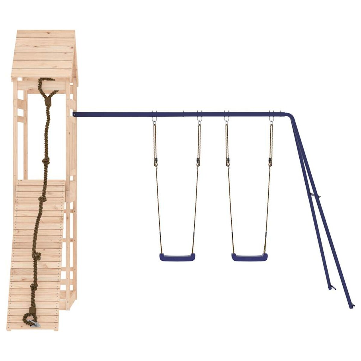 Spielplatz aus Holz mit Kletterseil, Rutsche und Schaukeln. Blaue Schaukelsitze.