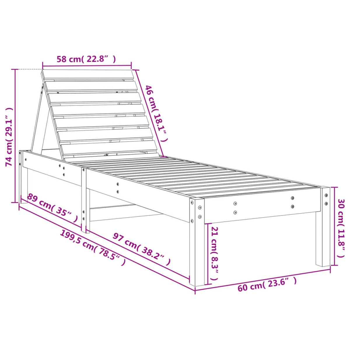 Holz-Daybed mit Maßen. Weißer Hintergrund.