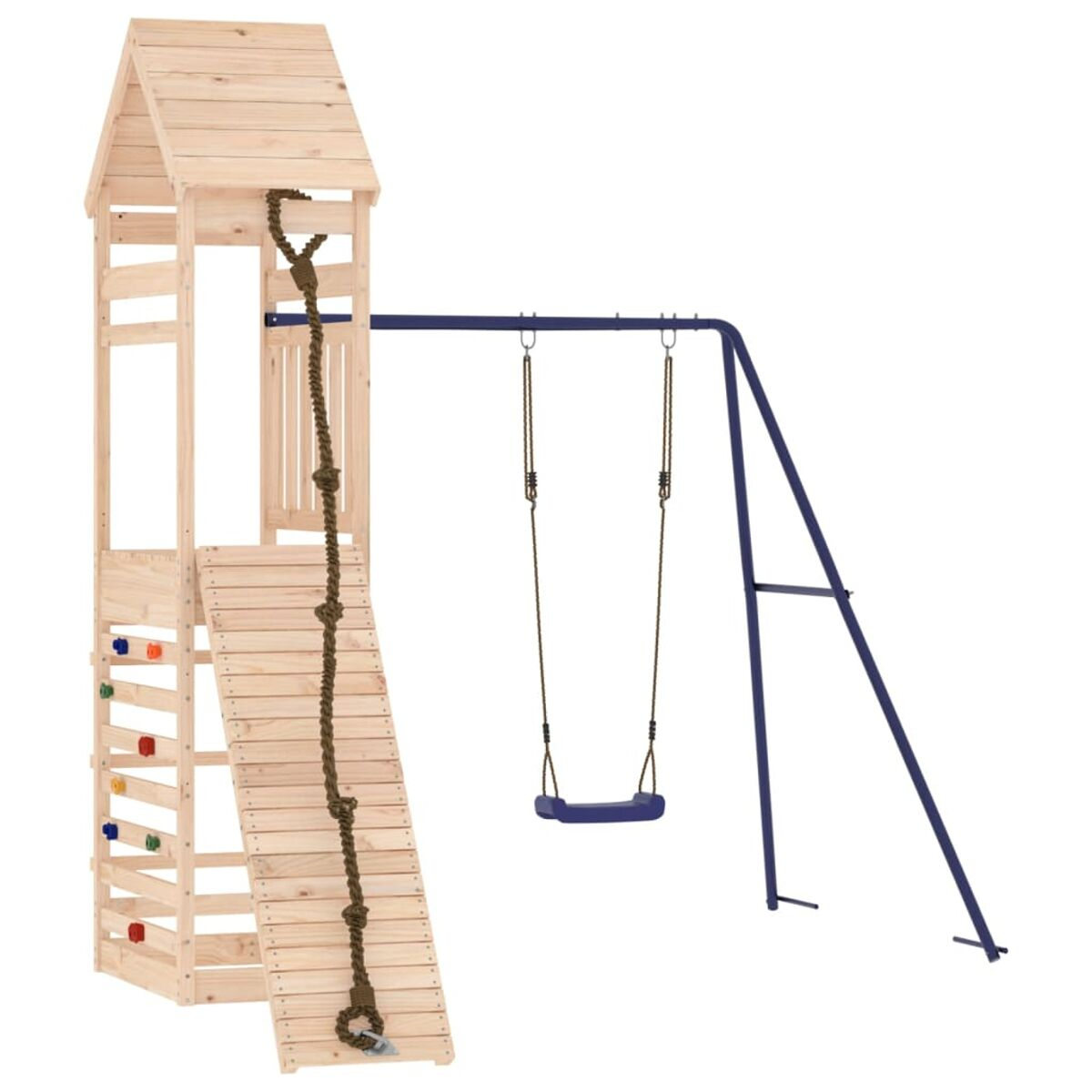 Spielplatz aus Holz mit Kletterwand, Seil und Schaukeln. Blauer Schaukelrahmen.