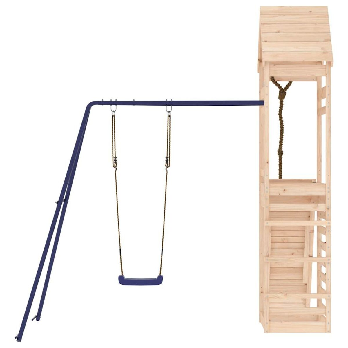Spielstruktur aus Holz mit Schaukel und hohem Turm. Das Set besteht aus hellem Holz und blauem Metall.