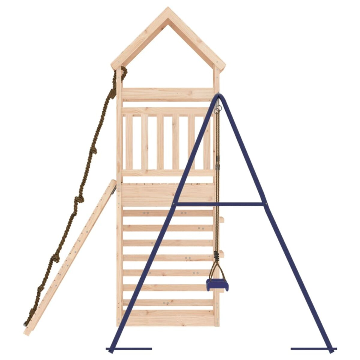 Spielturm aus Holz: ein Turm mit Dach, Leiter und Schaukel mit blauem Schwingsitz und Gestell.
