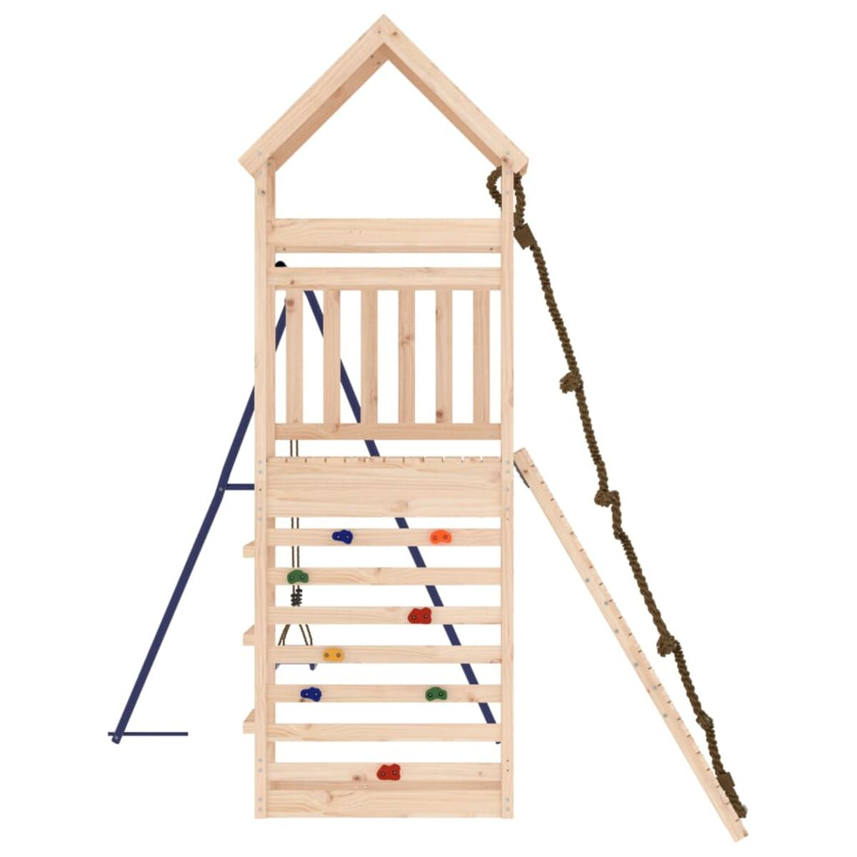 Ein Holzspielplatz mit Kletterwand, Leiter und Seil, vor weißem Hintergrund.