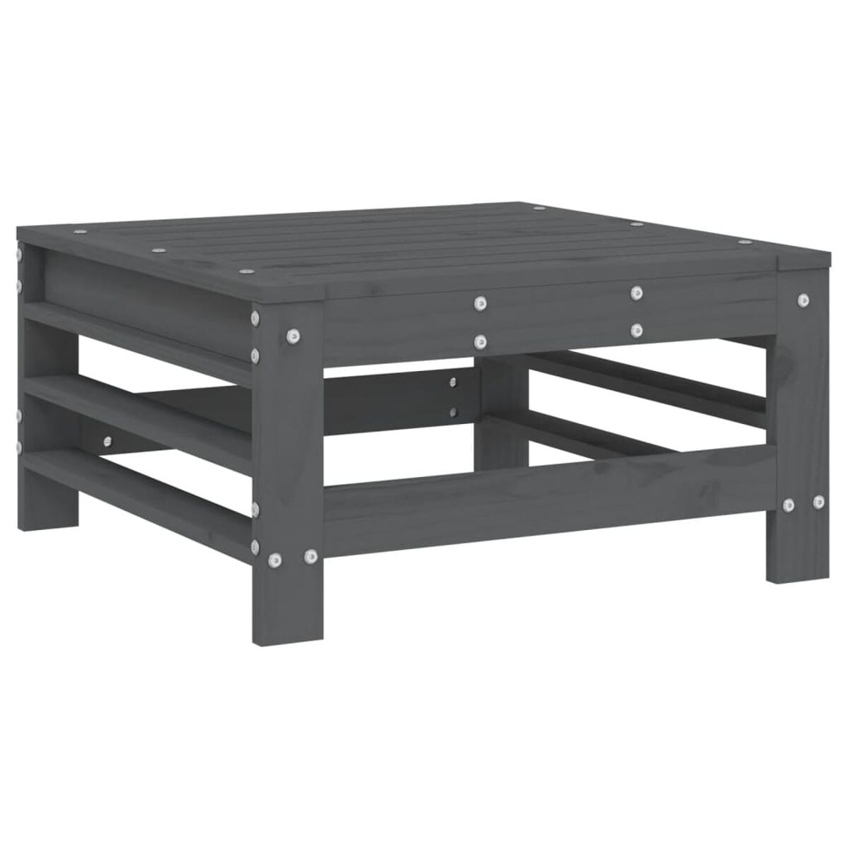 Grauer quadratischer Holztisch. Lattenrost, offene Seiten, sichtbare Schrauben, heller Hintergrund.