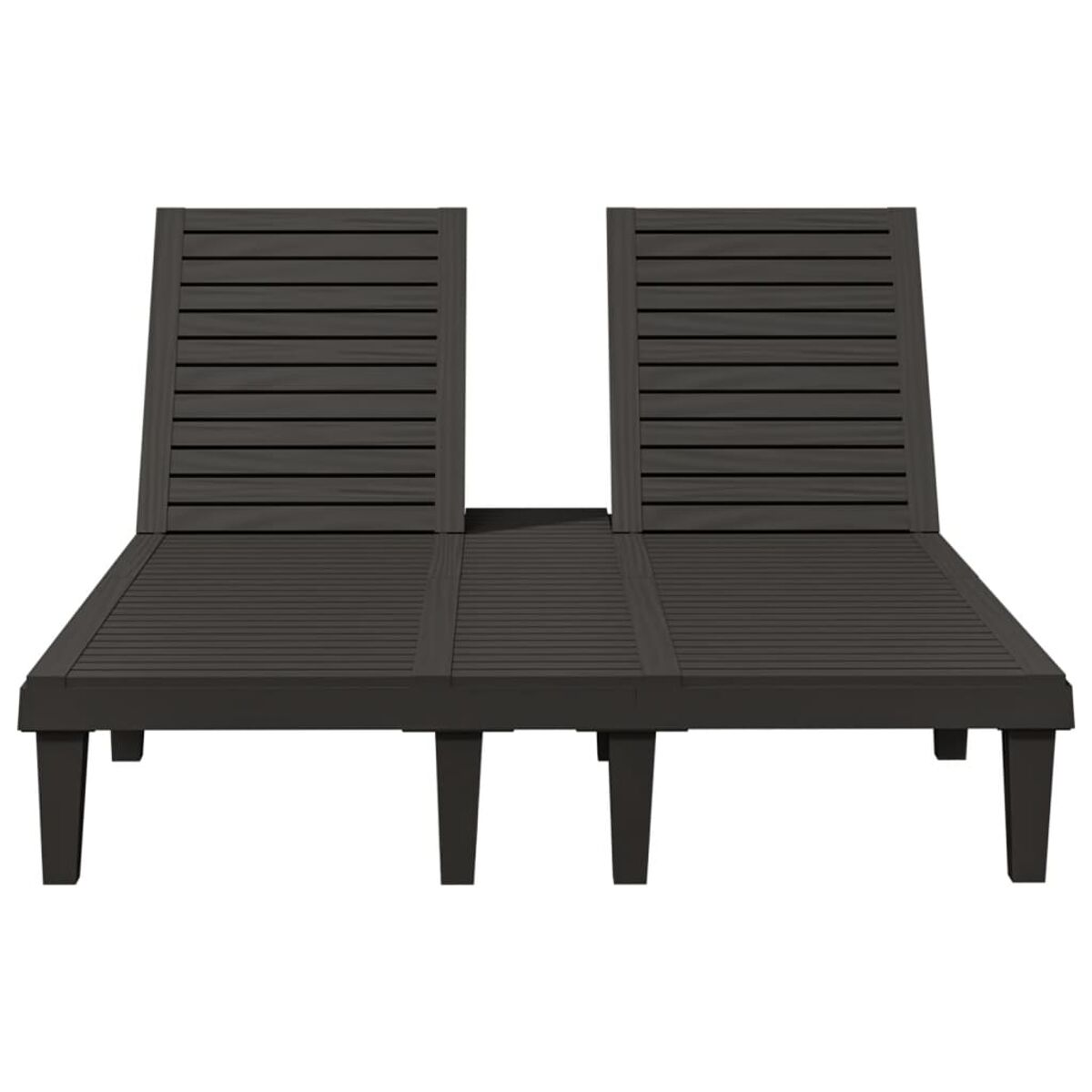 Zwei schwarze Sonnenliegen mit Holzlatten. Schlichtes und modernes Design.