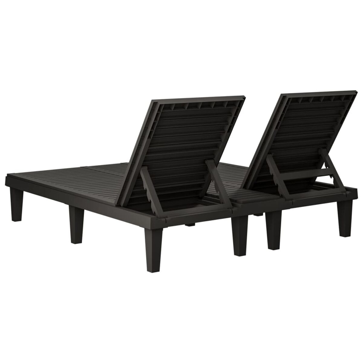 Zwei dunkelgraue Outdoor-Liegen nebeneinander, weißer Hintergrund.