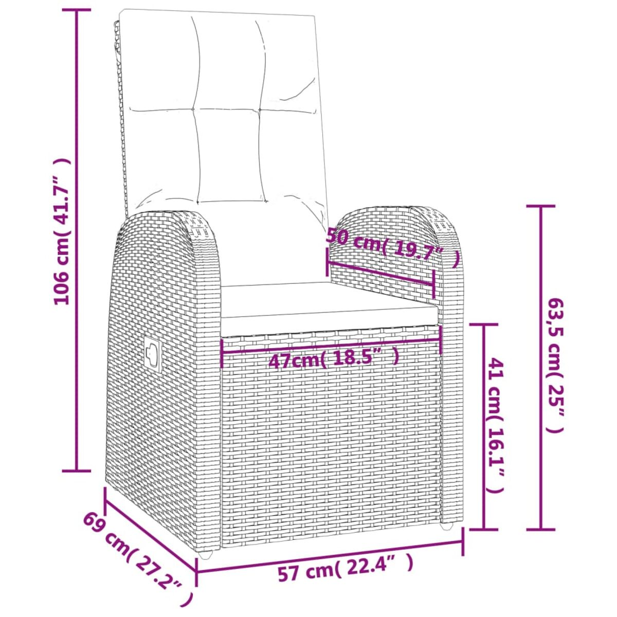 Rattan-Liegestuhl mit Maßen in Zentimetern, hohem Rücken und Kissen.