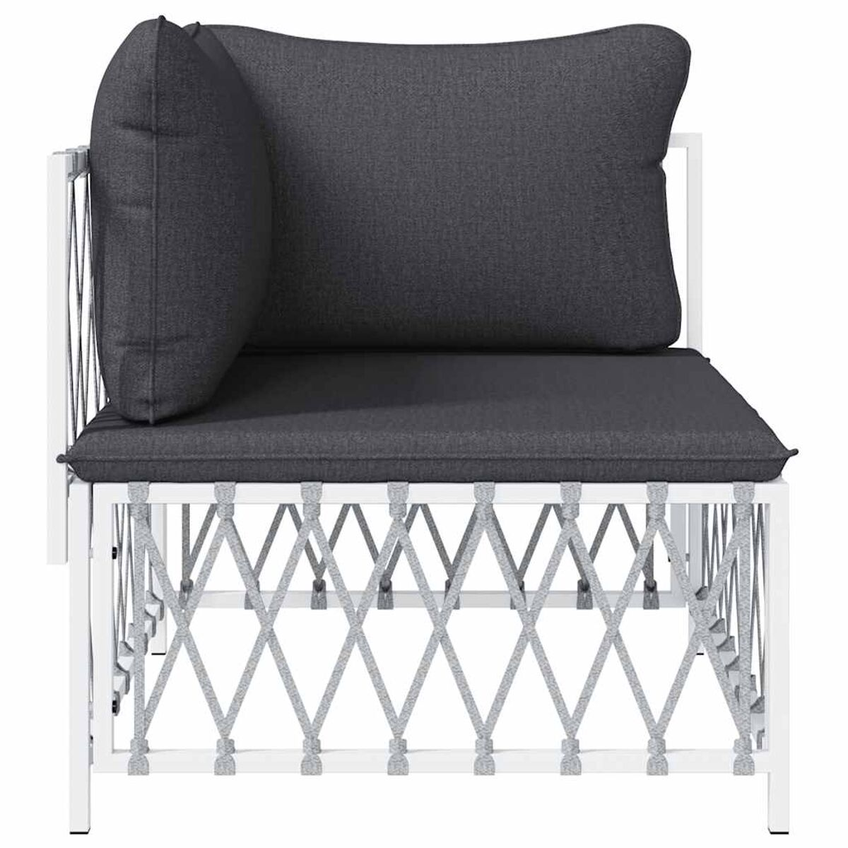 Weiß gerahmter Outdoor-Stuhl mit grauen Kissen und gewebten grauen Seilakzenten. Der Stuhl hat L-Form.