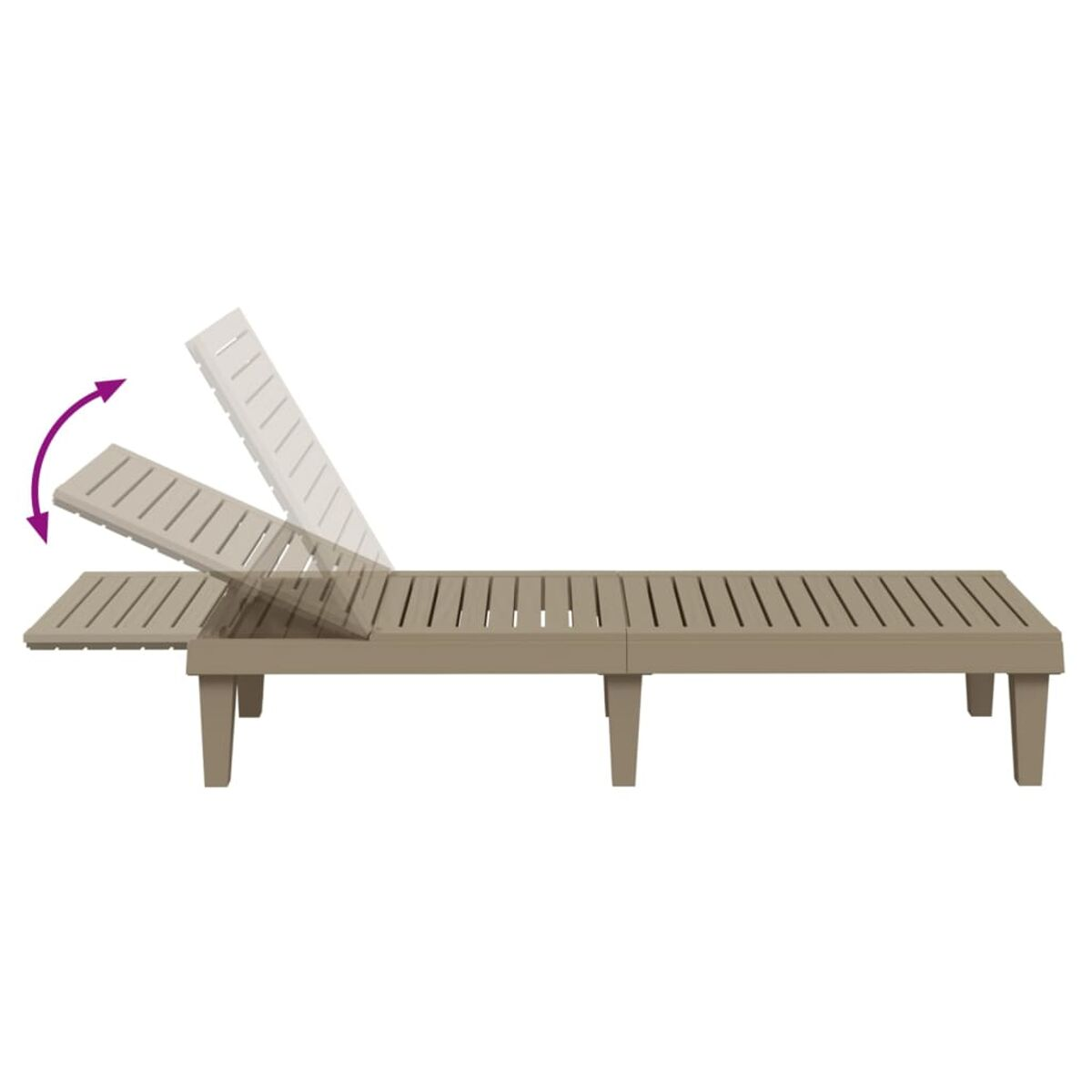 Ein beiger Outdoor-Liegestuhl mit kippbarer Rückenlehne. Der Liegestuhl steht auf einer weißen Oberfläche.
