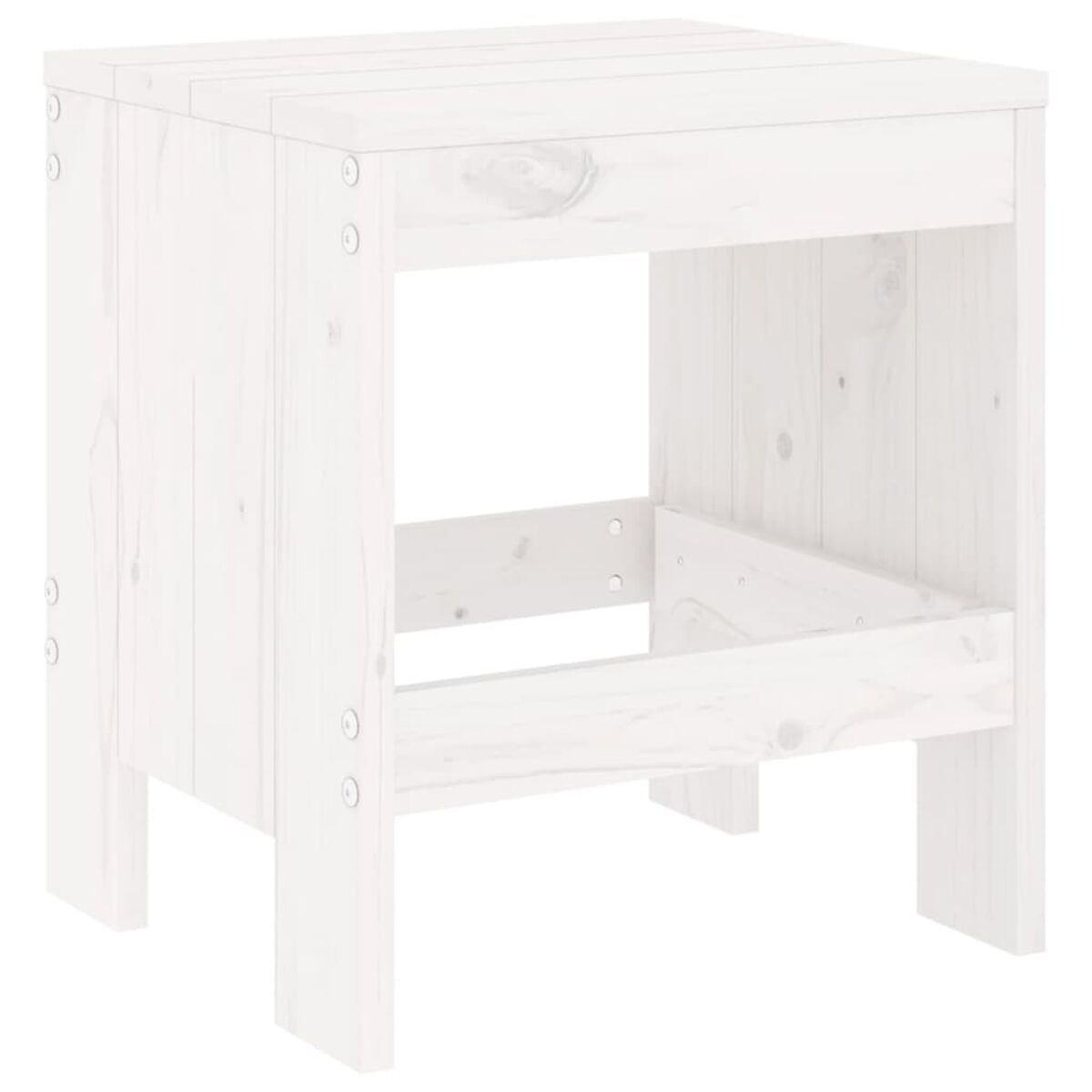 Weißer Holz-Beistelltisch mit offenen Seiten, der die innere Struktur zeigt. Er steht vor einem hellen Hintergrund.