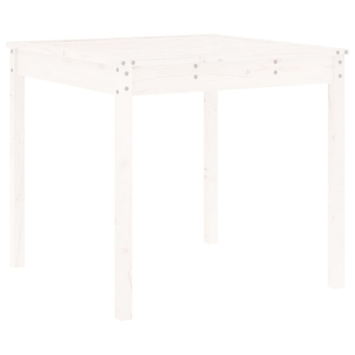 Weißer quadratischer Holztisch mit vier Beinen, von oben sichtbar. Schrauben sichern die Ecken.