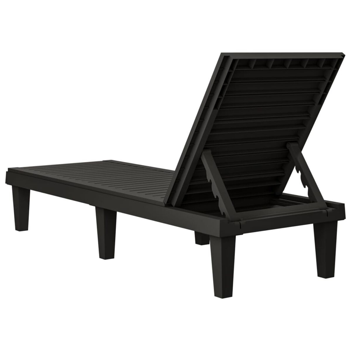 Schwarze Outdoor-Liege aus Kunststoff, zurückgelehnt, von hinten gesehen.