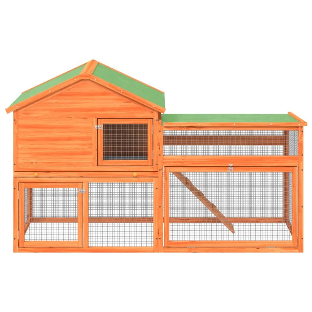 Hühnerstall aus Holz mit grünem Dach, Drahtgeflecht und mehreren Abteilen.