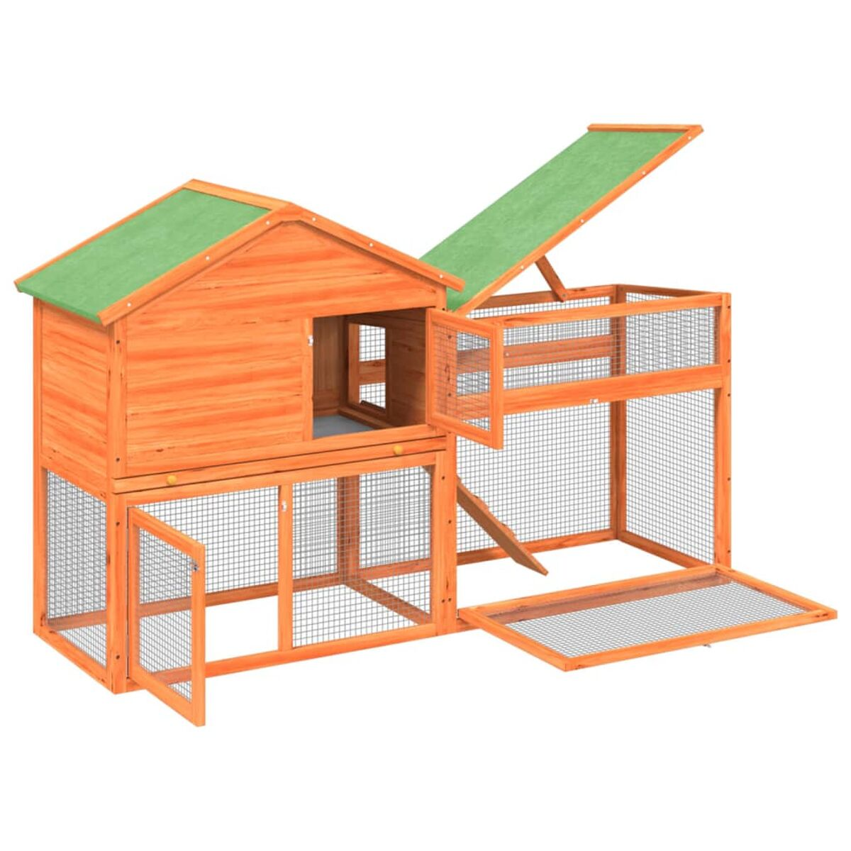 Hühnerstall aus Holz mit grünem Dach. Er hat mehrere Fächer und offene Türen für den Zugang.