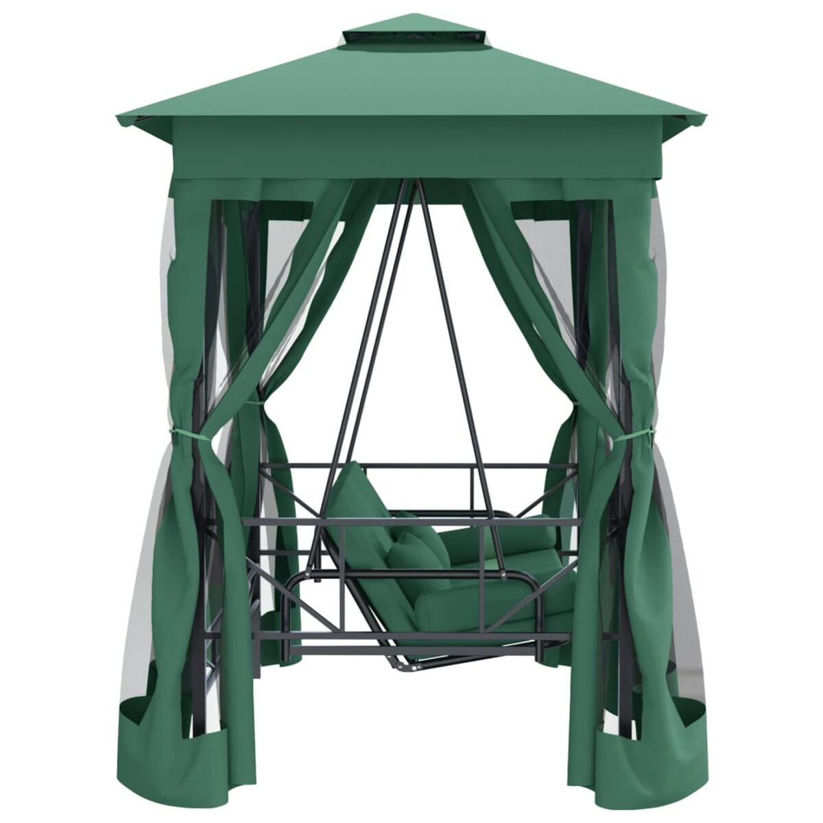 Grüner Schaukelpavillon mit Vorhängen und einer Schaukel. Hat ein grünes Dach.