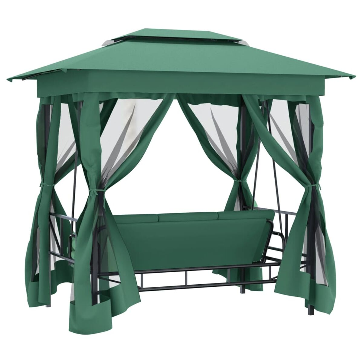 Grüner Pavillon mit Schaukel. Er hat grüne Vorhänge und ein grünes Dach. Das Gestell ist schwarz.