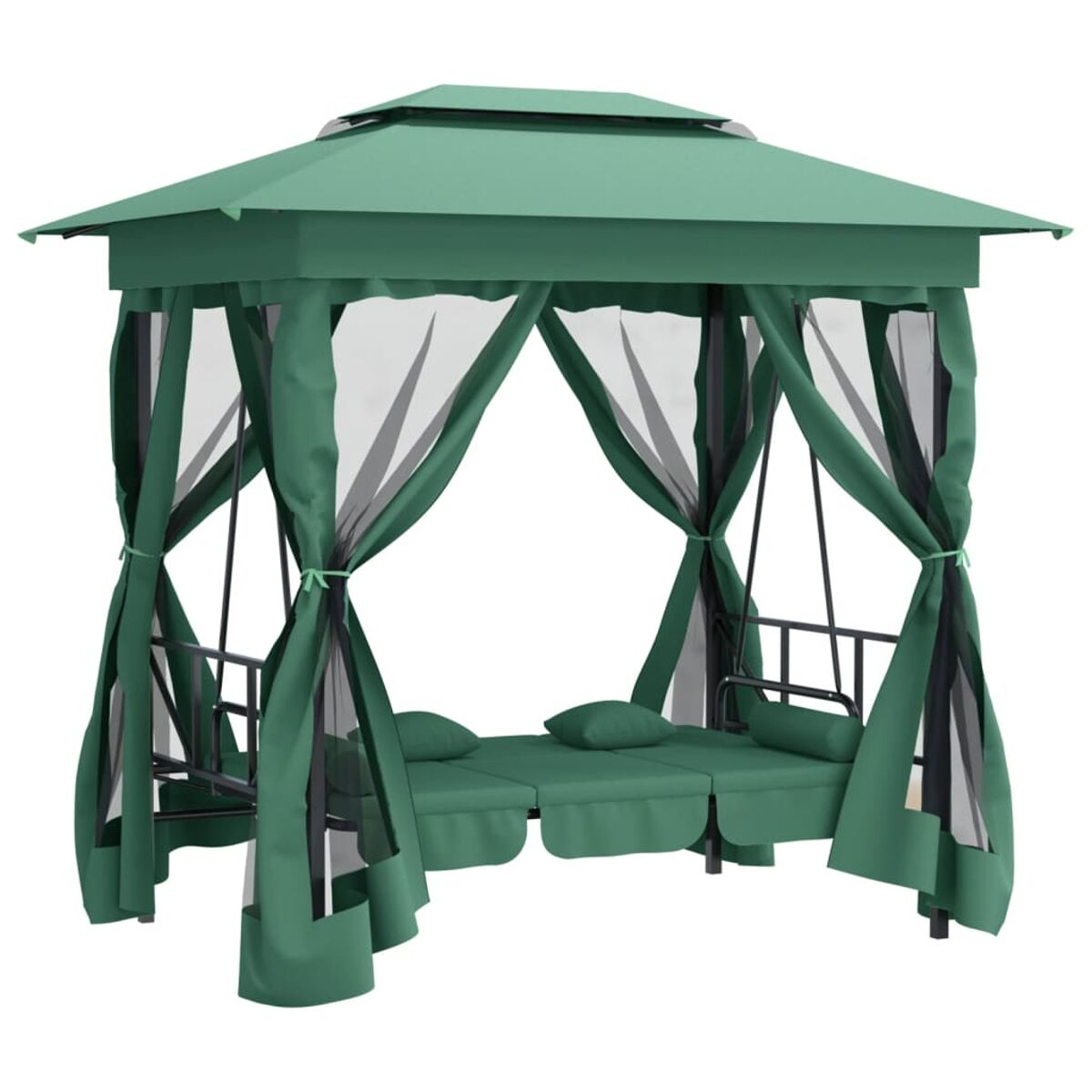 Grüner Pavillon mit Vorhängen und einer Schaukel-Liege, auf einer Terrasse. Der Pavillon hat ein grünes Dach.