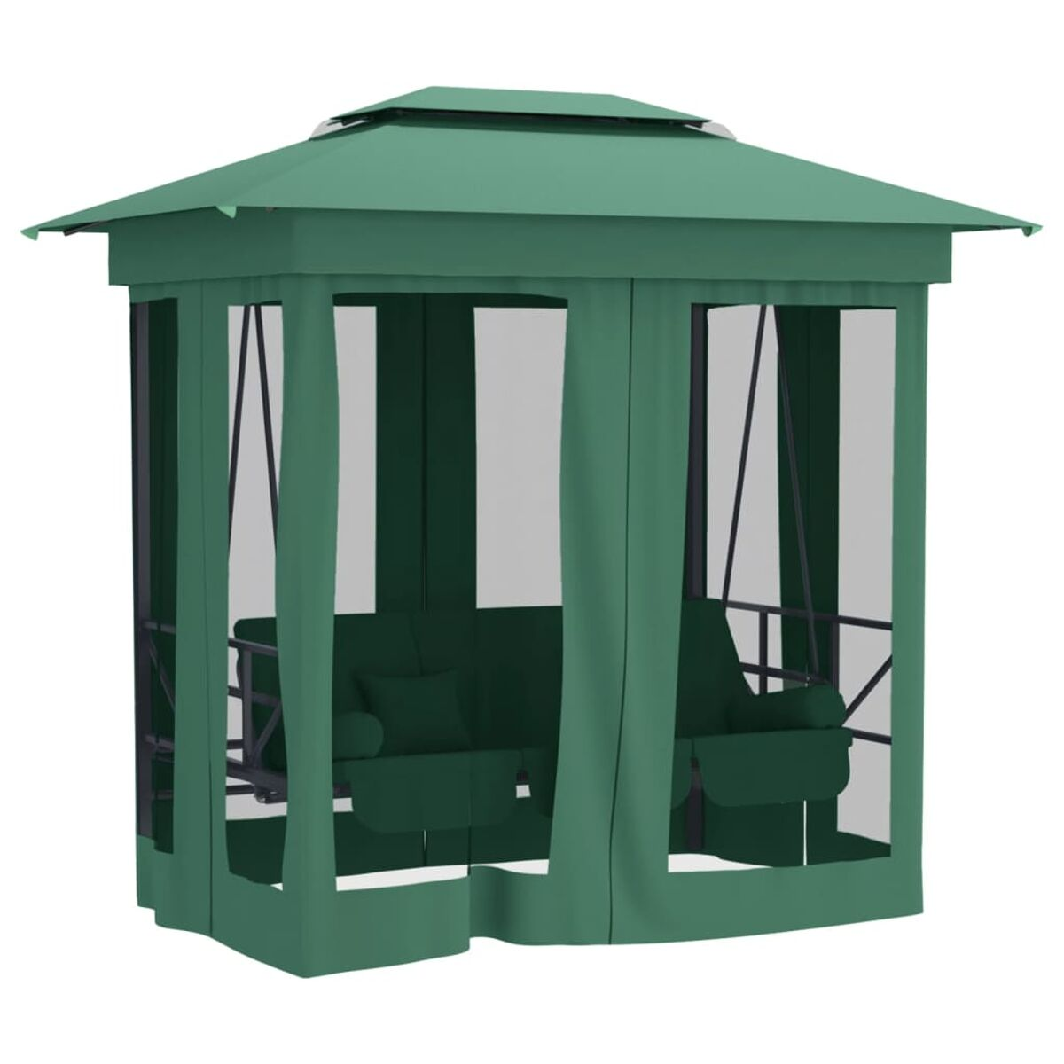 Grüner Pavillon mit Vorhängen.  Hat ein Sofa und Stühle im Inneren. Weißer Hintergrund.