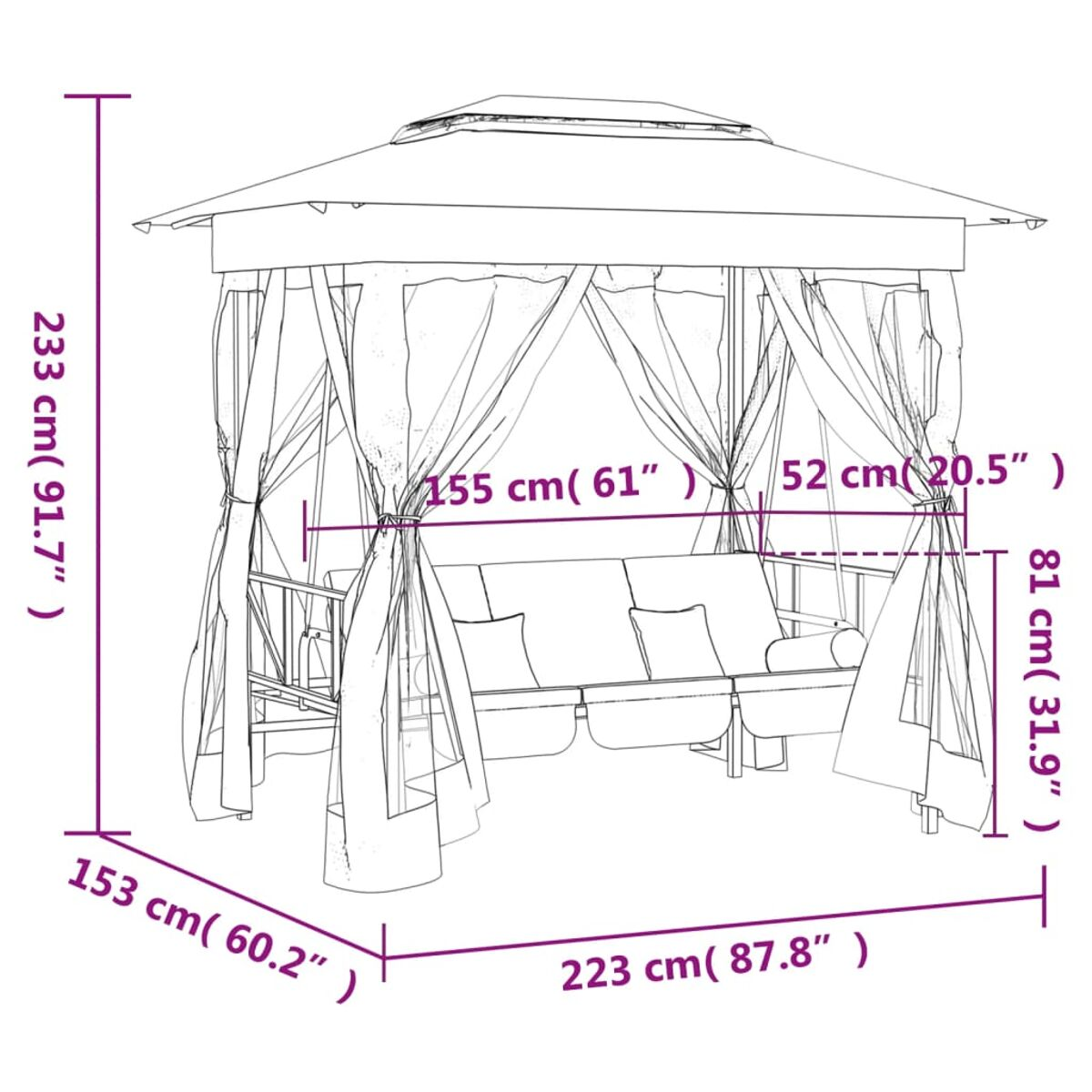 Diagramm einer Hollywoodschaukel mit Abmessungen in cm und Zoll, zeigt Höhe und Breite.