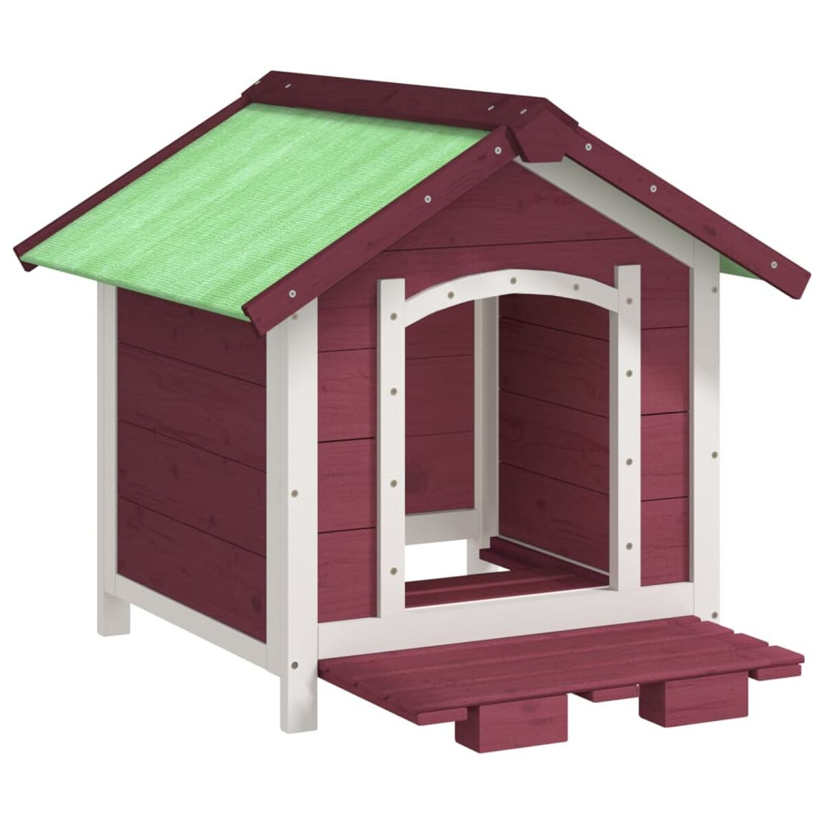 Ein rotes Hundehäuschen mit grünem Dach, weißer Verkleidung und kleiner Veranda.