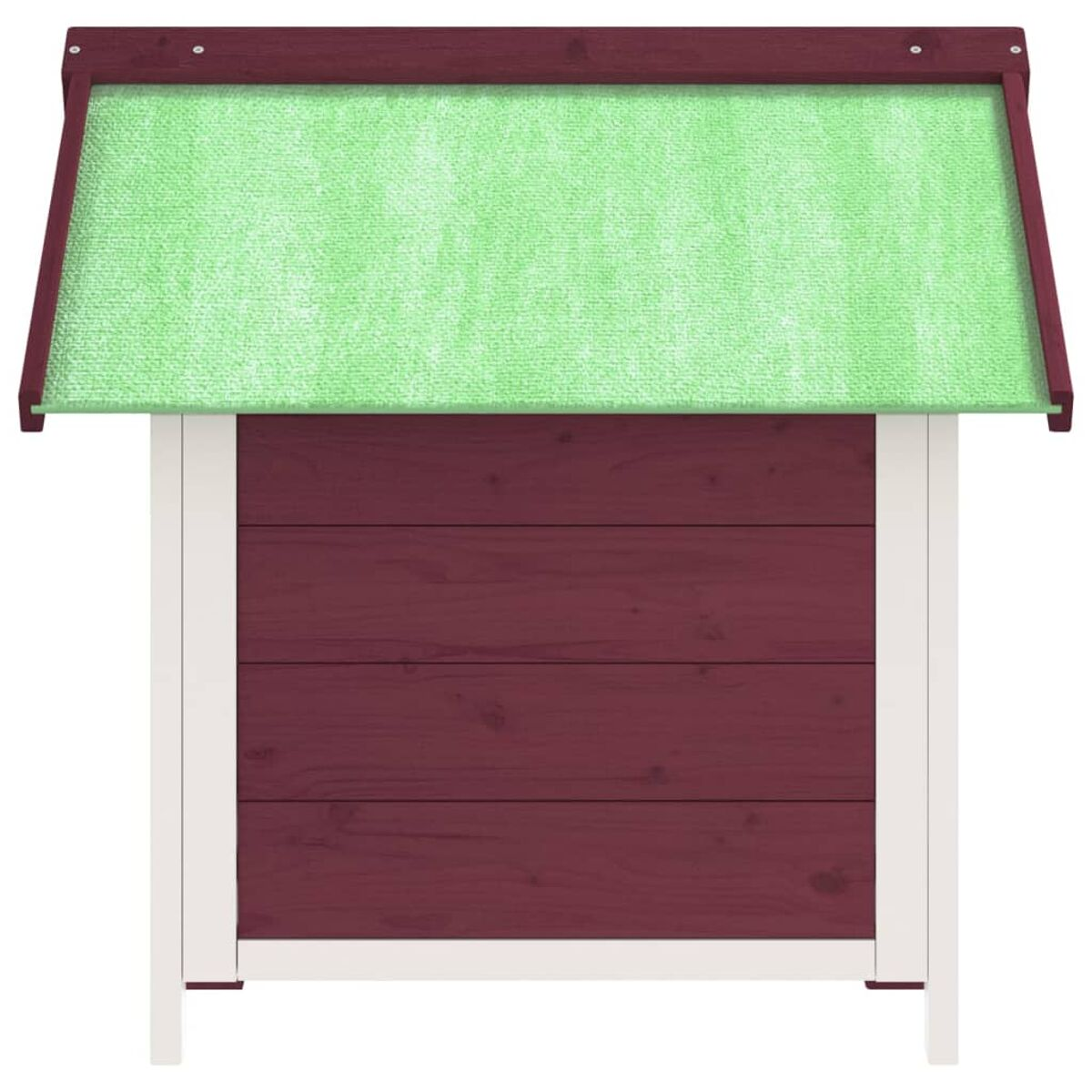 Hundehütte mit grünem Dach und roter Holzverkleidung. Die Struktur ist einfach und rechteckig.
