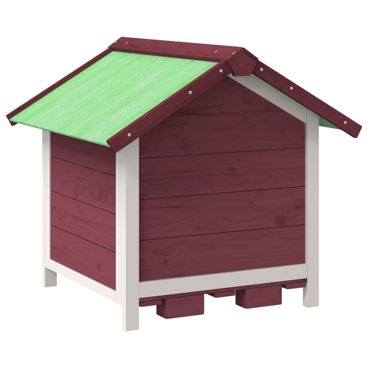 Rotes Hundehütte aus Holz mit grünem Dach, weißer Verkleidung, schlichtes Design.