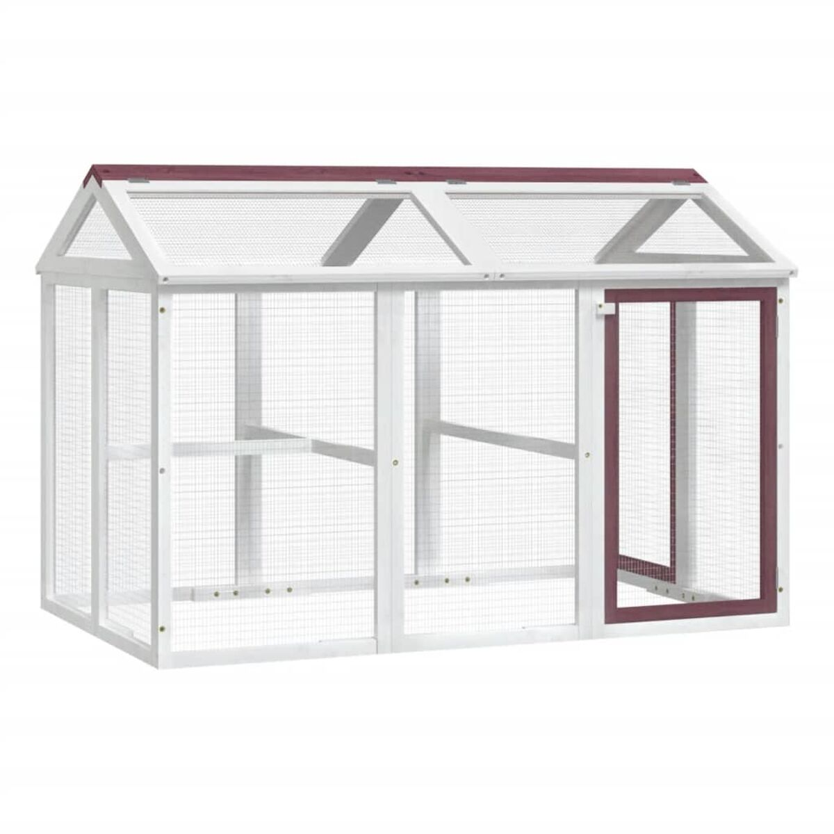 Weißes und rotes Vogelhaus aus Holz mit Seiten aus Drahtgeflecht und einer Tür. Es steht vor weißem Hintergrund.