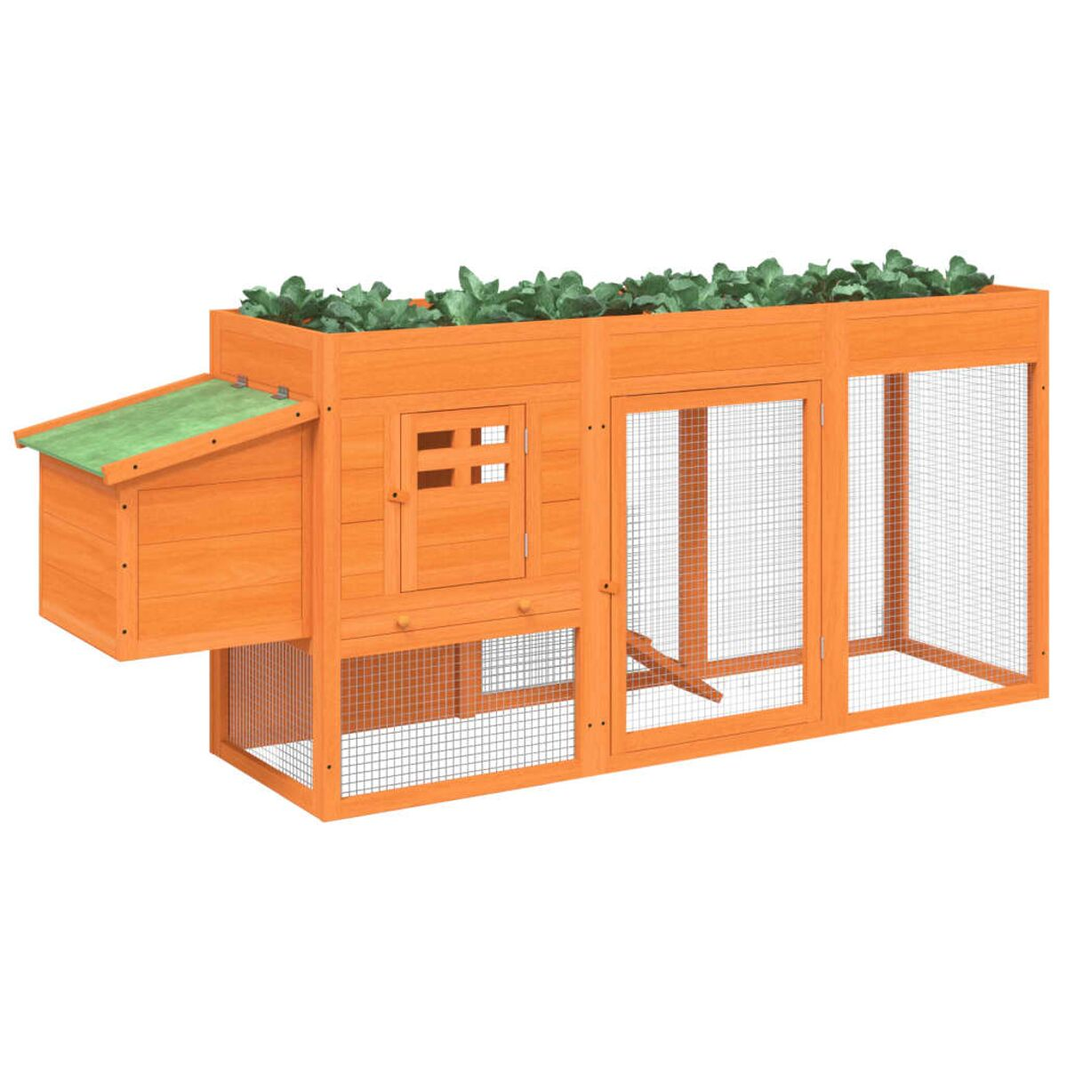 Ein orangefarbener Hühnerstall aus Holz mit einem grünen Dach und Drahtgitterfenstern, mit Pflanzen oben.