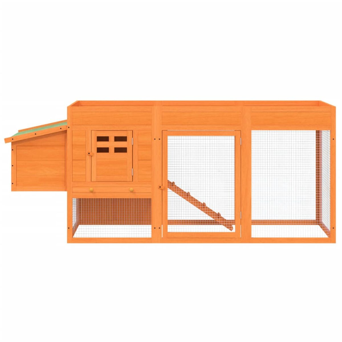 Hühnerstall aus Holz mit grünem Dach, kleiner Tür, Drahtgeflecht und Rampe zum Dach.