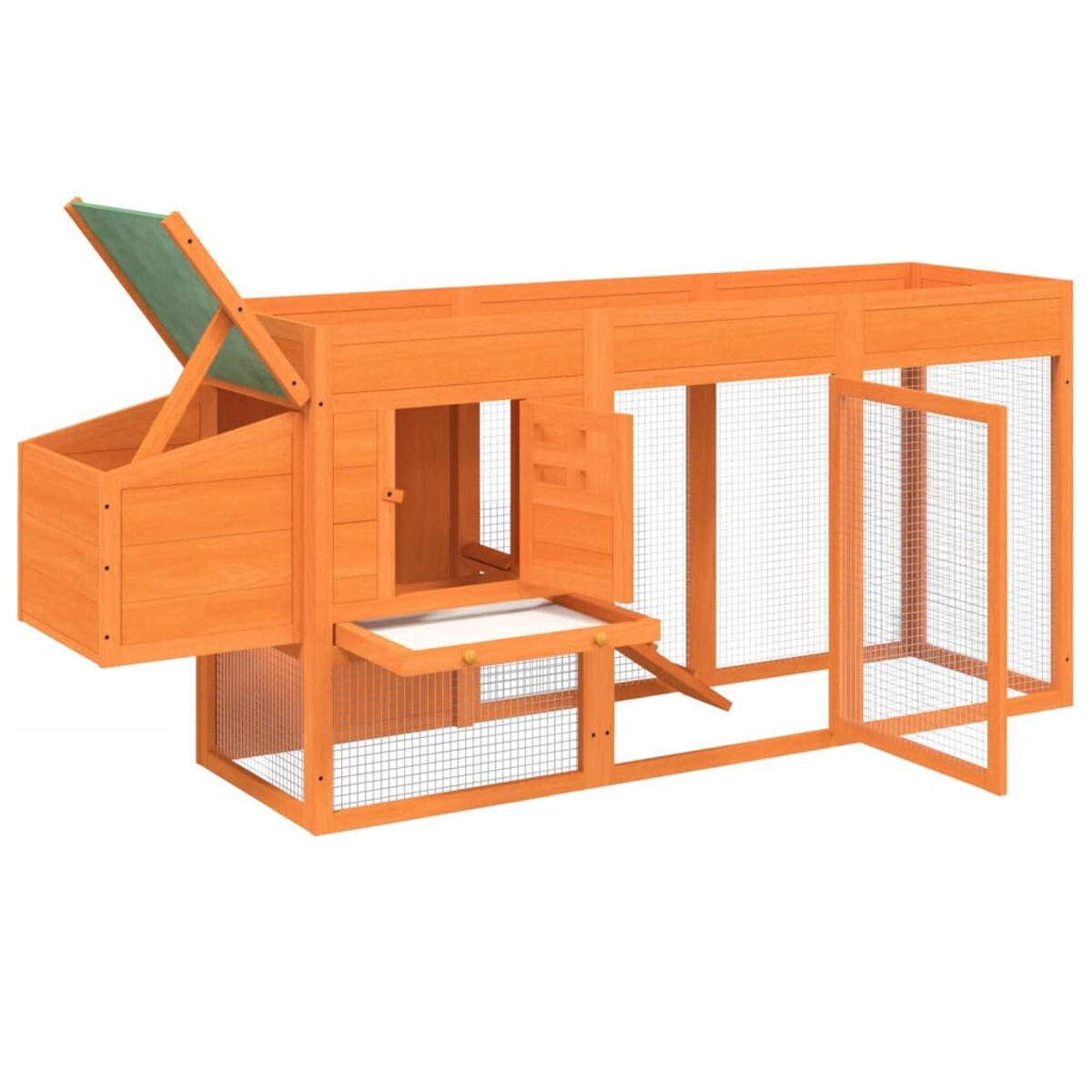 Ein Hühnerstall aus Holz mit mehreren Fächern, Türen und einem grünen Dach. Er ist aus Holz gefertigt.