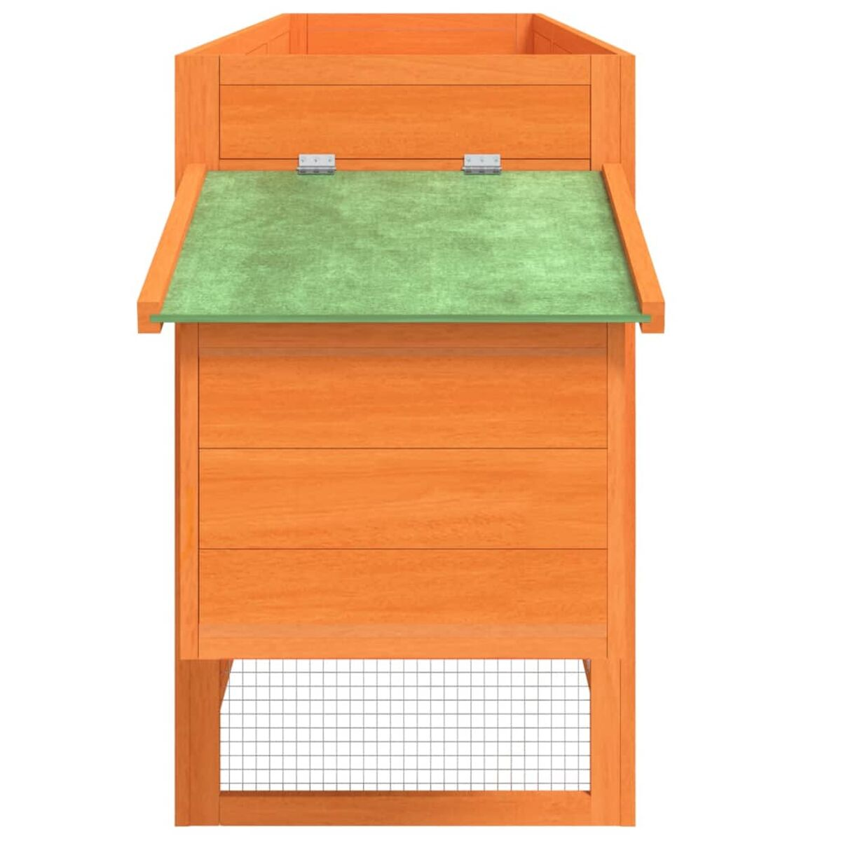 Orangener Hühnerstall aus Holz mit grünem Dach. Drahtgitterboden.