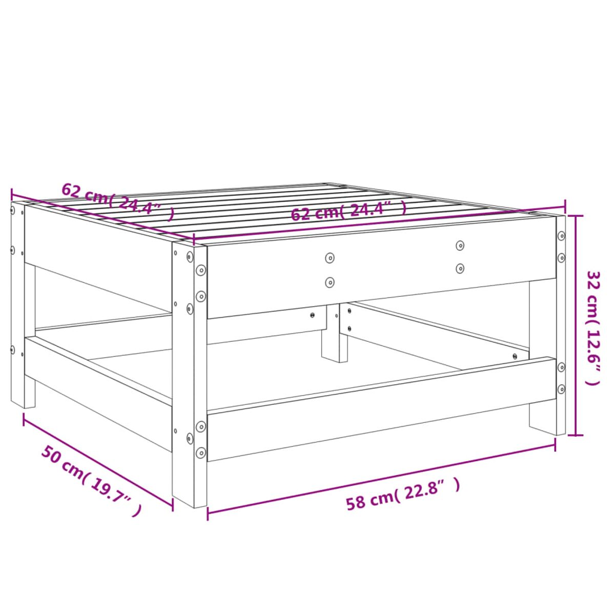 Diagramm mit Abmessungen eines Holztisches. Maße in cm und Zoll.