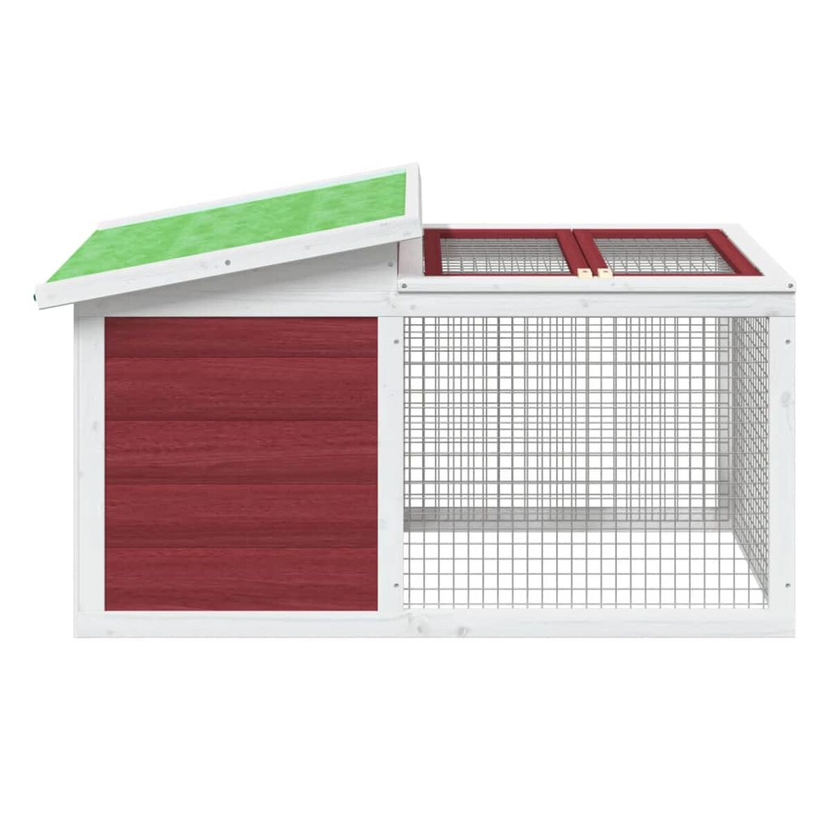 Holzhütte mit roter Tür, Drahtgitterseiten und grünem Dach. Weißer Rahmen umgibt die Struktur.