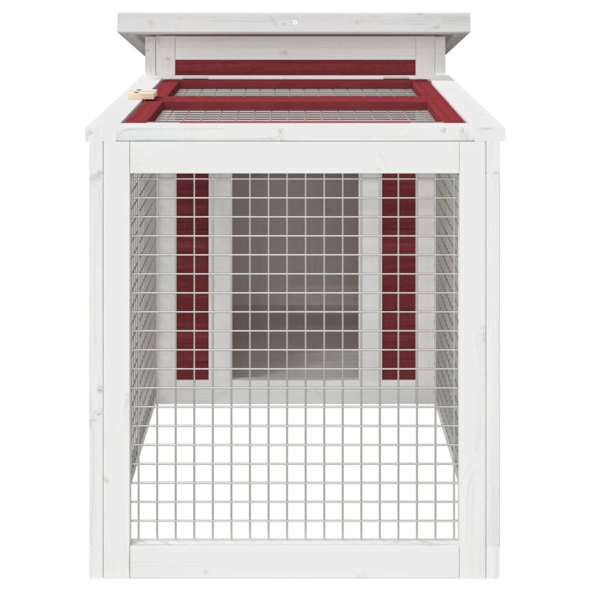 Ein weißes und rotes Hundehaus im Freien mit Drahtgeflecht-Tür.