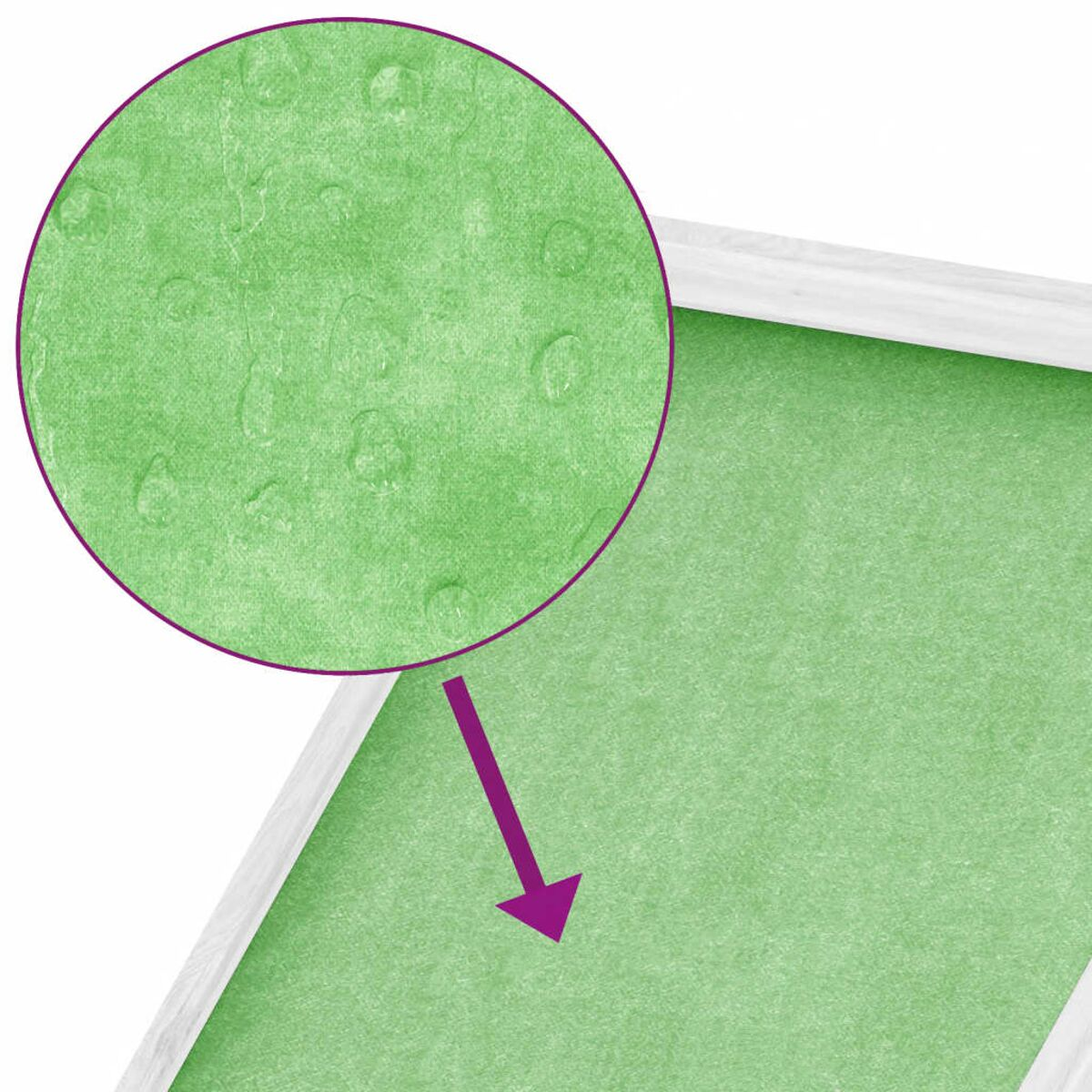 Grüne, strukturierte Oberfläche mit Wassertropfen. Vergrößerte Ansicht in einem weißen Rahmen.
