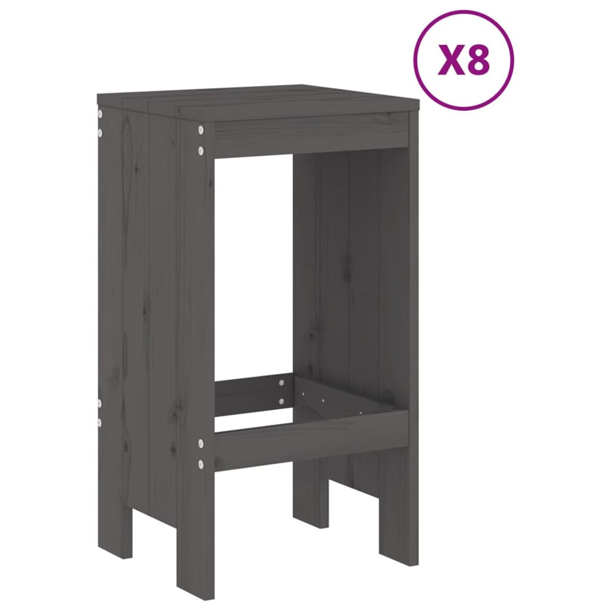 Dunkelgrauer Holz-Barhocker mit schlichtem Design. Die Menge wird als X8 angezeigt, was auf ein Set hindeutet.