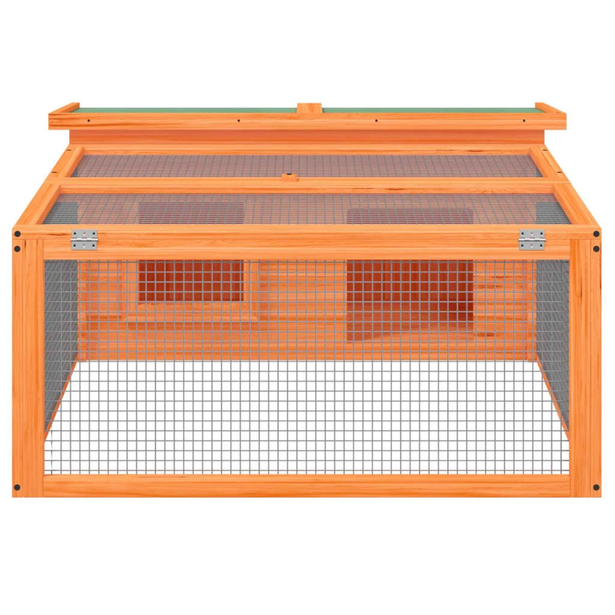 Kaninchenstall aus Holz mit Gitterplatten. Das Dach ist teilweise transparent.