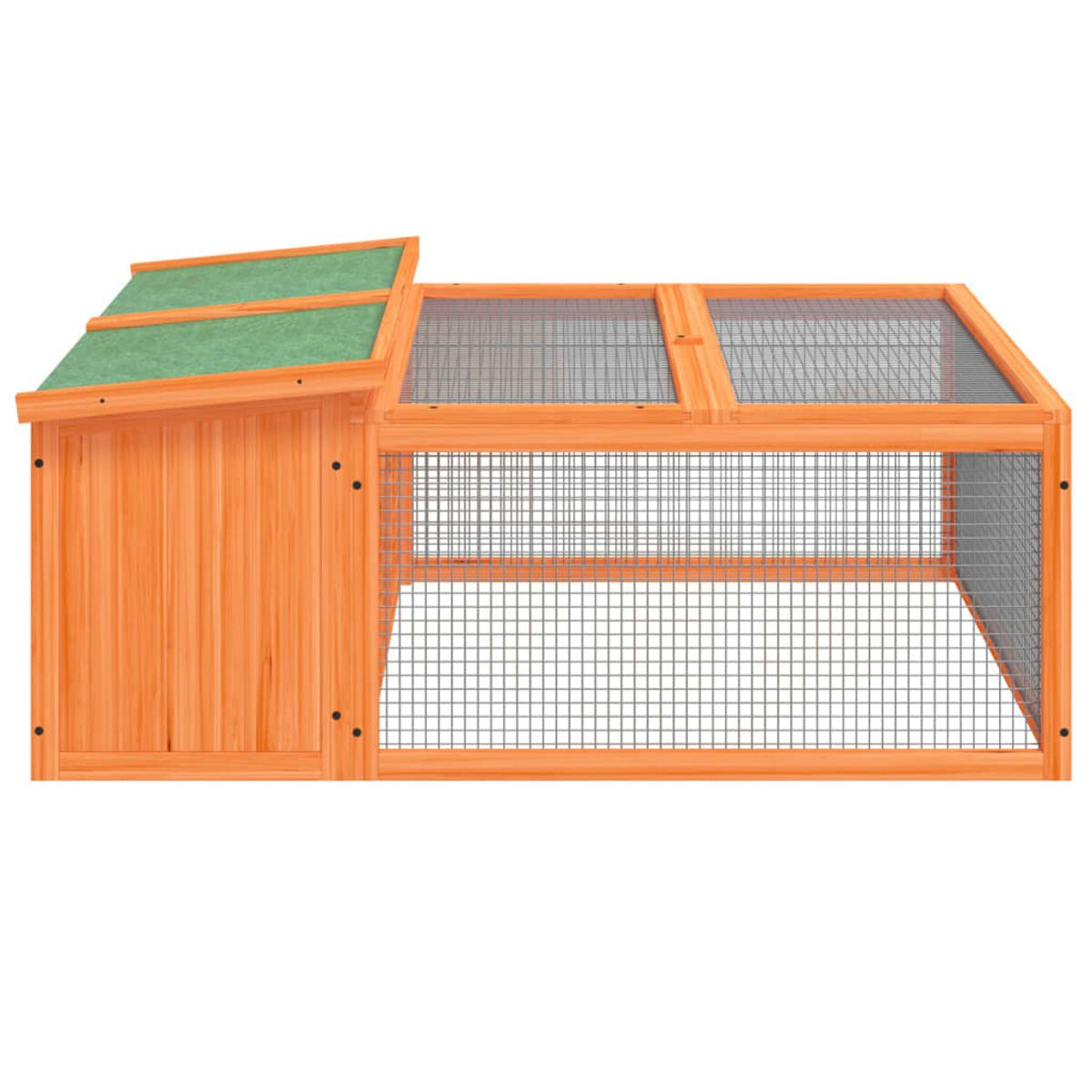 Orangener Kaninchenstall aus Holz mit Drahtgeflechtseiten und grünem Dach.
