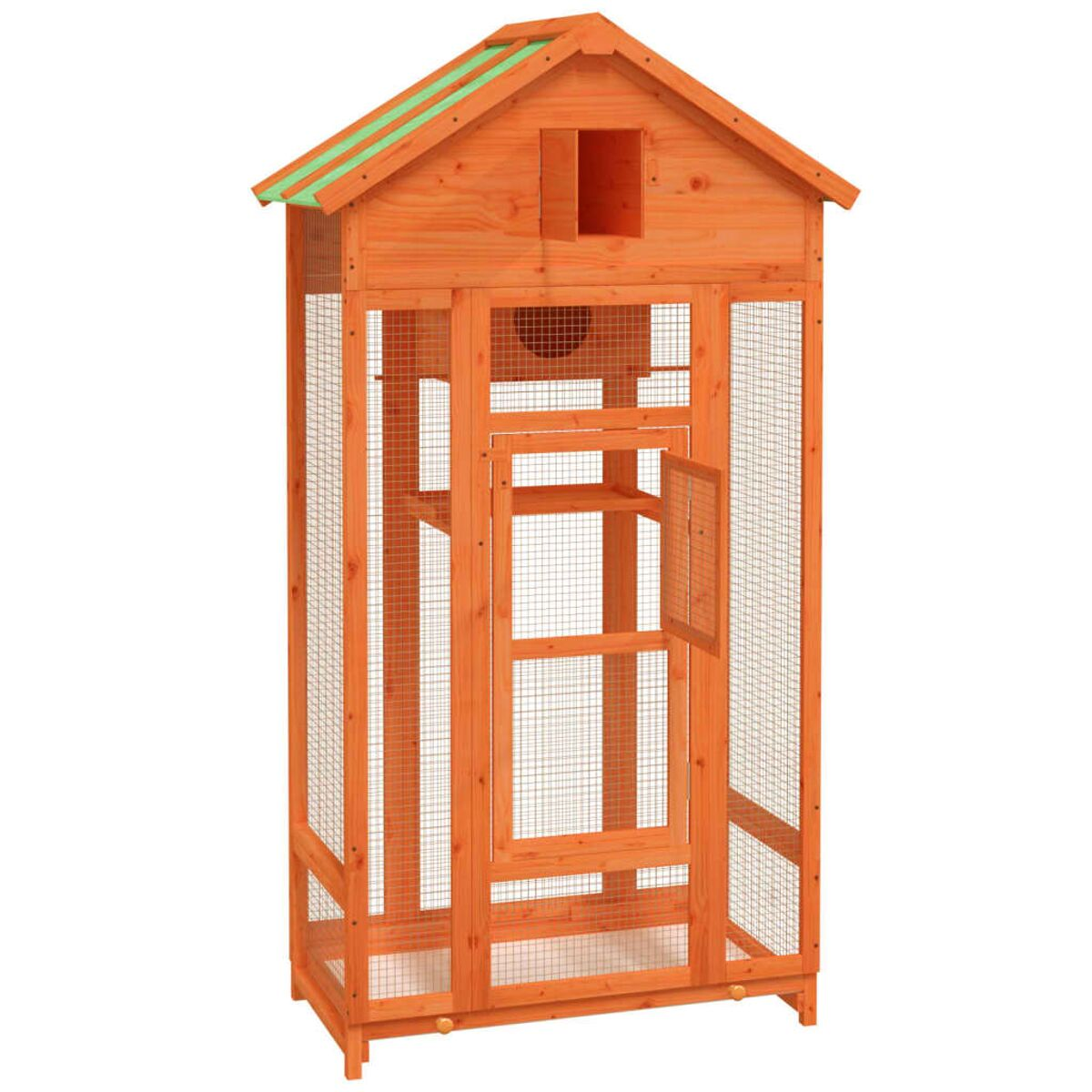 Ein Vogelkäfig aus Holz mit hausartiger Oberseite und offener Tür.