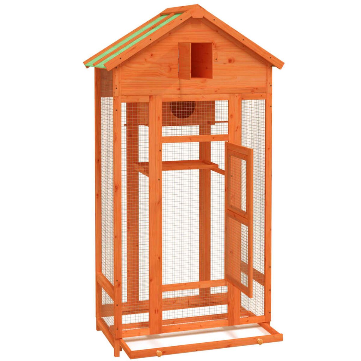 Vogelkäfig aus Holz mit offener Tür, grünem Dach und Drahtgeflecht, vor weißem Hintergrund.